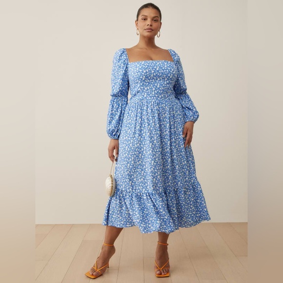 Reformation Mica Floral Print Midi Dress Long Sleeve Square Neck Blue Size 4 - Picture 8 of 11
